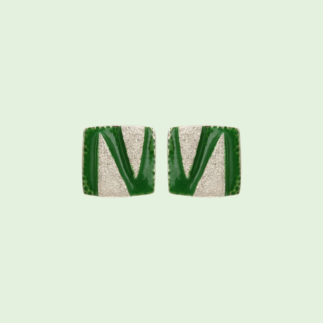 Silver and Green Square Earrings