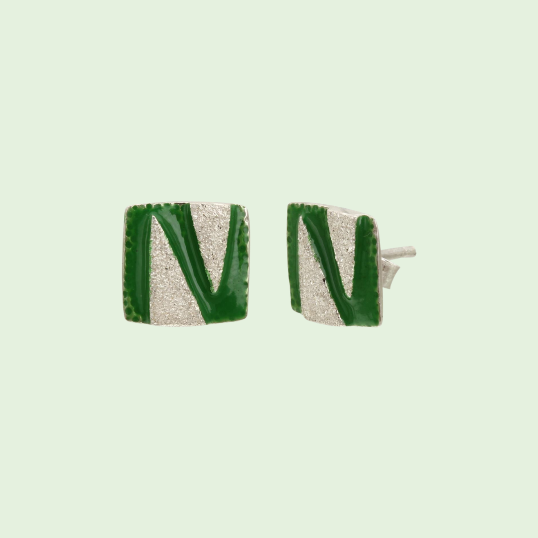 Silver and Green Square Earrings