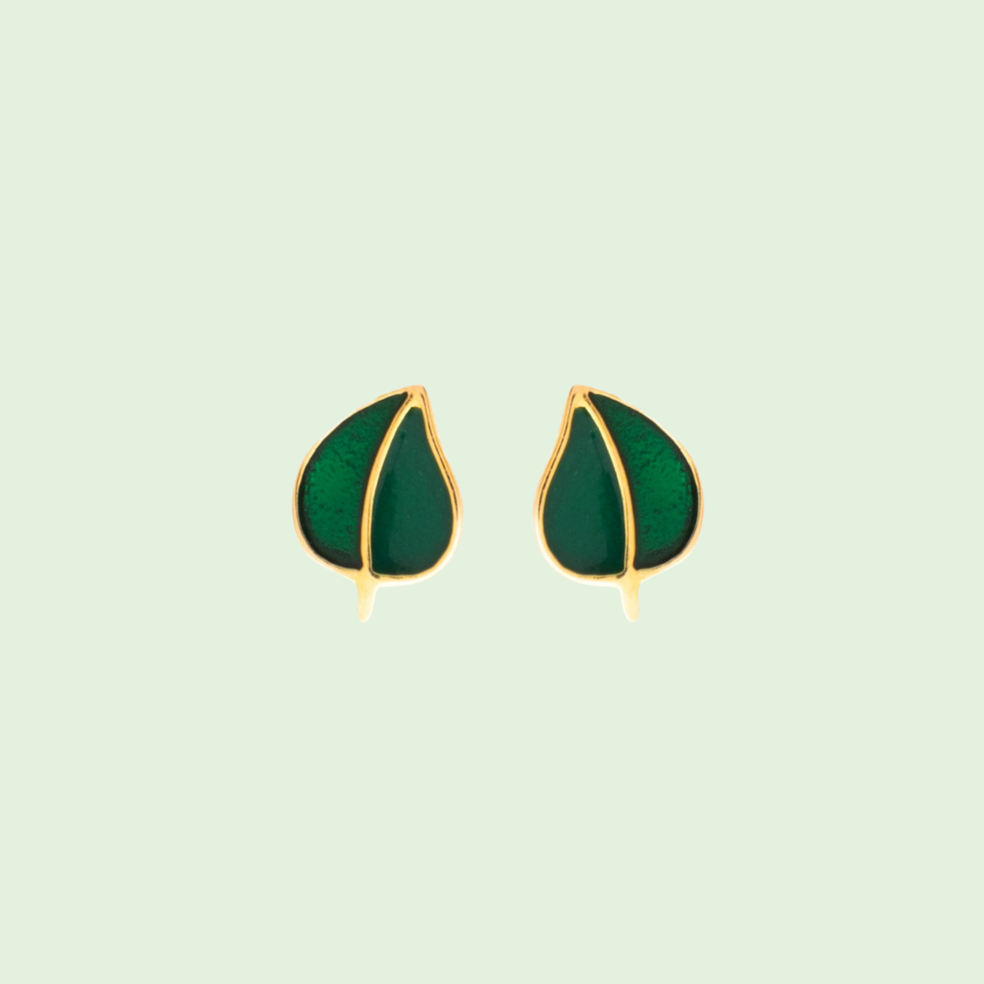 Dark Green Enamel Leaf Earrings