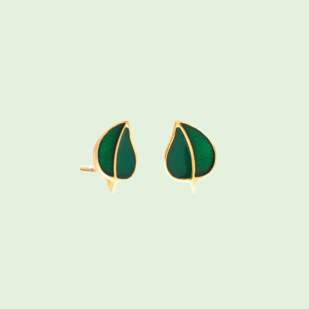 Dark Green Enamel Leaf Earrings